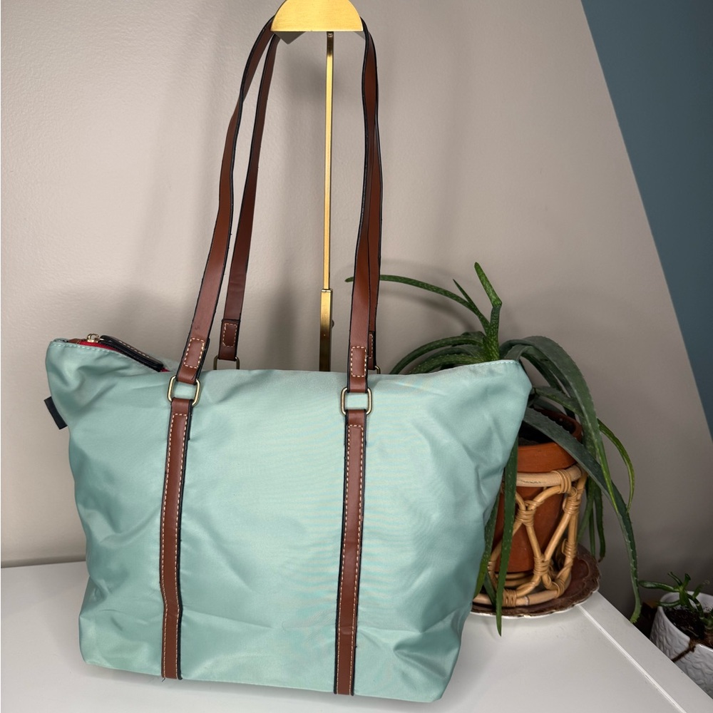 Dooney & Bourke Mint Nylon Shopper Tote + Pouch Leather Trim Stripe Lining - Picture 3 of 13